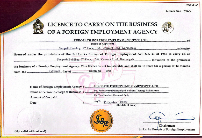 Europath Foreign Employment SLBFE License No. 3765